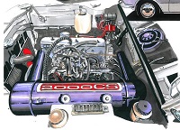 artistic sketches of engine compartment of a BMW 2000cs/c courtesy of Marcello Migliavacca
