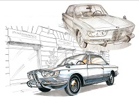 artistic sketches of frontal view of a BMW 2000cs/c courtesy of Marcello Migliavacca