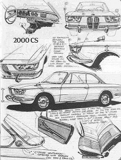 drafts/drawings of a BMW 2000cs